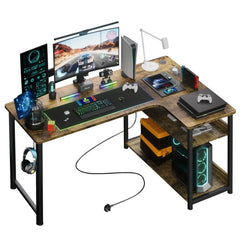 L Shaped Gaming Desk with Power Outlets Corner Computer Desk 110x80CM with Shelves Headphone Hook PC Table Workstation for Home Office Bedroom