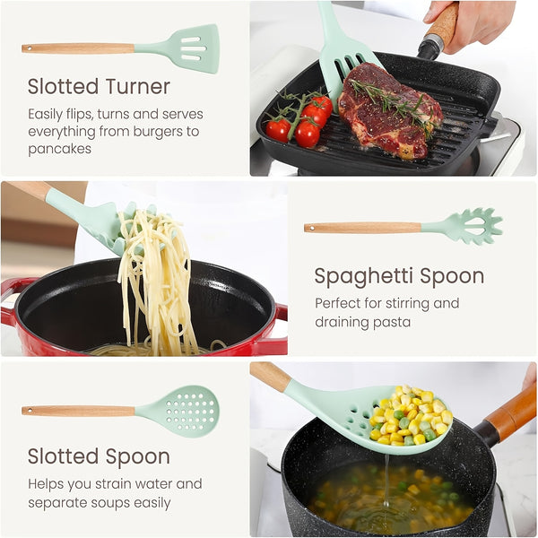 12pcs/22pcs/30pcs/37pcs, Kitchen Utensils Set, Kitchen Cooking Utensils Set, Spoon, Spatula, 446F Heat Resistant Non Stick Food Grade Silicone And Wooden Handles, Measuring Cups And Spoons, S Hooks