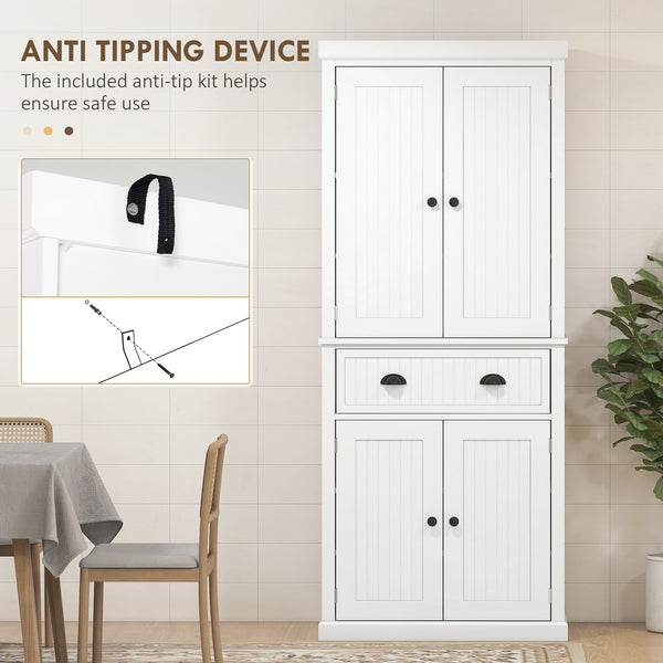 183 cm Tall Kitchen Cabinet, Freestanding Storage Cabinet with 4 Doors, Drawer and Adjustable Shelves, Kitchen Cupboard for Dining Room, White