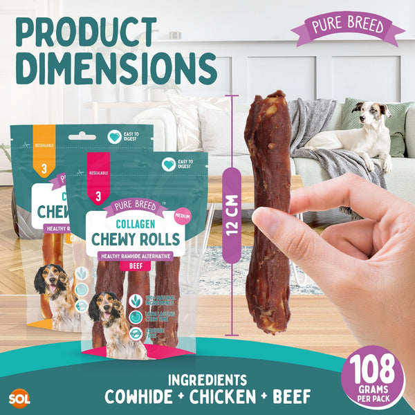 Pure Breed 12pk Medium Collagen Chewy Rolls | Long Lasting Dog Chews for Puppies & Adults | 12cm Assorted Beef & Chicken Flavour | Natural Protein-Rich Training Treats in Resealable Pack for Boredom Relief