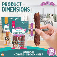 Pure Breed 12pk Medium Collagen Chewy Rolls | Long Lasting Dog Chews for Puppies & Adults | 12cm Assorted Beef & Chicken Flavour | Natural Protein-Rich Training Treats in Resealable Pack for Boredom Relief