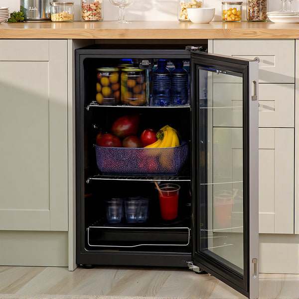 Midea COMFEE' Under Counter Drinks Fridge - 93L Capacity, Holds Up To 115 Cans, Precision Cooling (2℃ To 15℃), Full-Length Low-E Glass Door, Removable Shelves, LED Light, Low Noise [Energy Class E] - Essential for Home Kitchens & Dorms