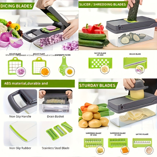 16-In-1 Vegetable Chopper - Multifunctional Manual Food Slicer, Kitchen Vegetable Slicer with Container, Onion, Carrot, Garlic, And Non-Rechargeable Plastic Kitchen Small Tool Set with Drainage Basket