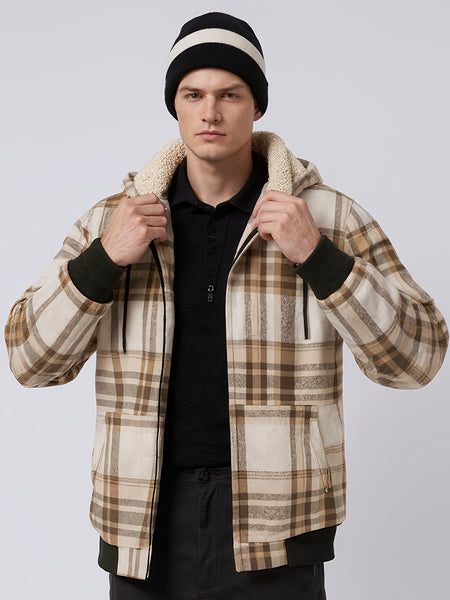 Men's Heavyweight -Lined Hooded Jacket - Full-Zip Plaid Thickened Shirt with Pockets and Adjustable Drawstring, Comfortable and Warm for Autumn and Winter