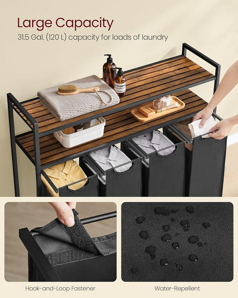 VASAGLE Laundry Basket, Laundry Hamper with 4 Pull-Out and Removable Laundry Bags, 2 Shelves, 4 X 40 L, for Laundry Room, Rustic Brown and Black BLH214B01