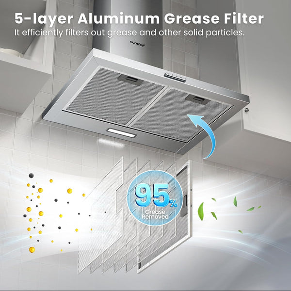 COMFEE' 60 Cm Chimney Cooker Hood Stainless Steel Extractor Hood with LED and Recirculating & Ducting System Wall Mounted Range Hood 600 Mm Extractor Fan - Silver KWH-PYRA17SS-60