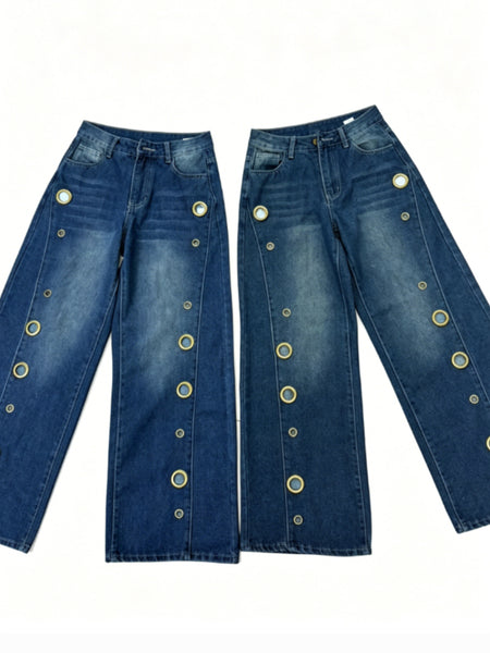 Women's Retro High Elasticity Denim Pants with Metal Circles Design- Long Versatile Jeans for Women, High-waist Trousers, Trendy Womens Clothes for Summer, All Seasons Style, Fabric, Hand Washable, Slim Fit, Suit for Daily Wear