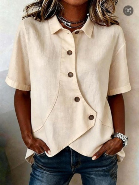 New Elegant Women's Solid Color Irregular Top, Ladies' Fashionable Short-Sleeve Lapel Shirt, Pretty Blouses for Women, Commuting Clothing for Ladies, Button Up, Loose Fit, Ideal Summer Outfits, Business Style Wear, Unique Design