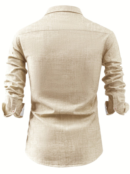 Linen Men'S Casual Shirt Long Sleeve Linen Solid Color Breathable Fashion Men'S Top Blouse Retro Open Front with Pockets