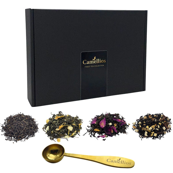 Tea Sampler Gift Set with Measuring Spoon – 4 Premium Loose Leaf Blends (4 × 25g, 40+ Cups) – English Breakfast, Earl Grey, Spiced Apple Chai & Jasmine Mint Green Tea – Luxury Gift Box