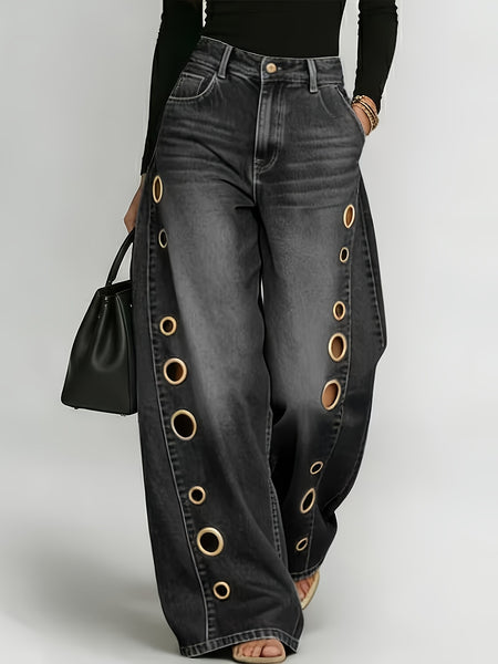 New Retro Style Denim Jeans for Women, with Metal Eyelets Designed for Casual And Loose Fit, High Waisted And Wide Leg Jeans, Street Cool Women'S Clothing, Black Retro Blue Light Blue Women'S Straight Leg Denim Pants