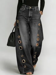 New Retro Style Denim Jeans for Women, with Metal Eyelets Designed for Casual And Loose Fit, High Waisted And Wide Leg Jeans, Street Cool Women'S Clothing, Black Retro Blue Light Blue Women'S Straight Leg Denim Pants