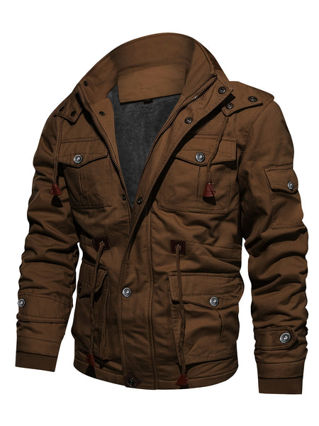 Men'S Fleece Jacket Casual Warm Hooded Windproof Outerwear Fleece Jacket Hooded Multi-Pocket Utility Jacket
