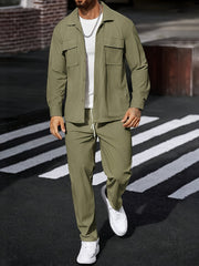 Men's 2pcs Casual Suit, 2-Pocket Shirt and Pants Set for Spring/Autumn, Suitable for Work and Leisure Sports