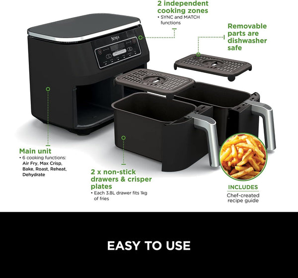 Ninja Foodi Dual Zone Digital Air Fryer, 2 Drawers, 7.6L, 6-In-1, Uses No Oil, Air Fry, Max Crisp, Roast, Bake, Reheat, Dehydrate, Cooks 4-6 Portions, Non-Stick, Dishwasher Safe Baskets, Black AF300UK