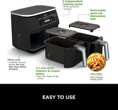 Ninja Foodi Dual Zone Digital Air Fryer, 2 Drawers, 7.6L, 6-In-1, Uses No Oil, Air Fry, Max Crisp, Roast, Bake, Reheat, Dehydrate, Cooks 4-6 Portions, Non-Stick, Dishwasher Safe Baskets, Black AF300UK