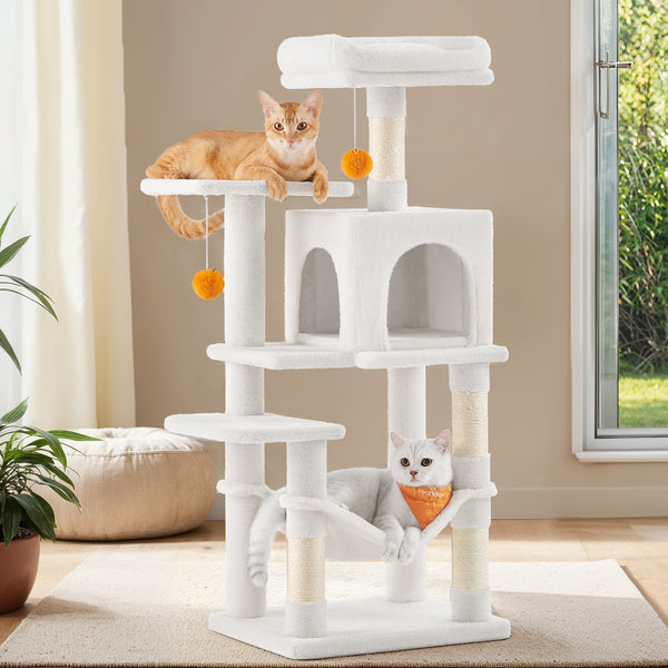 112 cm Cat Tree, Multi-Level Soft Plush Cat Tree, Cat Tower Condo with 4 Cat Scratching Posts, Hammock, Cave, Platform, Toys, Pink/White/Beige/Grey, Easy Assembly and Sturdy, Indoor Cat Furniture
