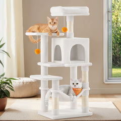 112 cm Cat Tree, Multi-Level Soft Plush Cat Tree, Cat Tower Condo with 4 Cat Scratching Posts, Hammock, Cave, Platform, Toys, Pink/White/Beige/Grey, Easy Assembly and Sturdy, Indoor Cat Furniture