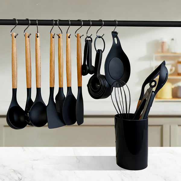 23pcs Silicone Kitchenware And Kitchen Knife Set | Heat Resistant Silicone Cutlery with Wooden Handle | Chef Knife | Non-Stick Friendly Tool | Easy to Cook And Clean | Convenient to Carry | Suitable for School, Home, Outdoor Use | Mother'S Day