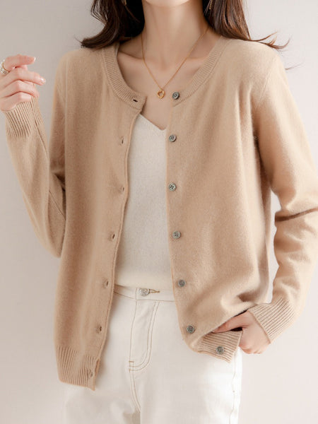 2026 New Spring Autumn Women'S 100% Cashmere Crew Neck Cardigan, Loose Slim Fit Versatile Short Sweater Coat
