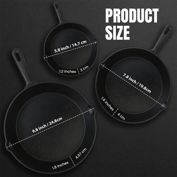 KICHLY Pre-Seasoned Cast Iron Skillet 3pcs Set - 6 Inch 8 Inch 10 Inch Cast Iron Pan