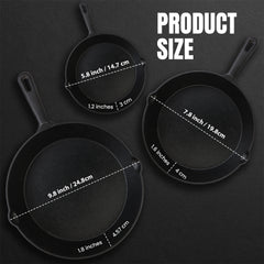 KICHLY Pre-Seasoned Cast Iron Skillet 3pcs Set - 6 Inch 8 Inch 10 Inch Cast Iron Pan
