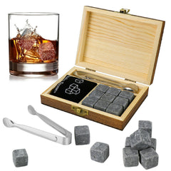 Whiskey Stones Gift Set 9pcs Luxury Wooden Box Chilling Rocks Ice Cubes Serve