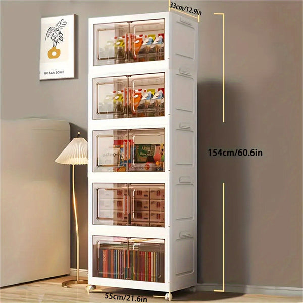 5-Tier Collapsible Plastic Storage Bins with Magnetic Doors & Wheels - Stackable High Quality Organizer, Transparent Tawny, Large Capacity (55.12x33.02x153.92cm) for Bedroom, Living Room, Kitchen, Entryway - Easy Tool-Free Assembly, Modern Aesthetic, Smoo