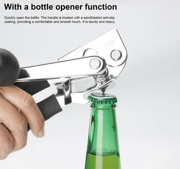 Multi-functional manual can opener stainless steel can and bottle opener in one non-slip labor-saving handle safe and without sharp edges suitable for kitchen tools for cans and bottle caps.