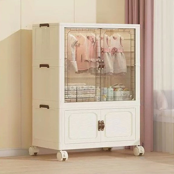 Modern Home Bedroom Armoires, Plastic Installation-Free Multipurpose Locker with Pulleys, Foldable Clothes Storage Cabinet for Living Room Bedroom or Cloakroom, Cream White