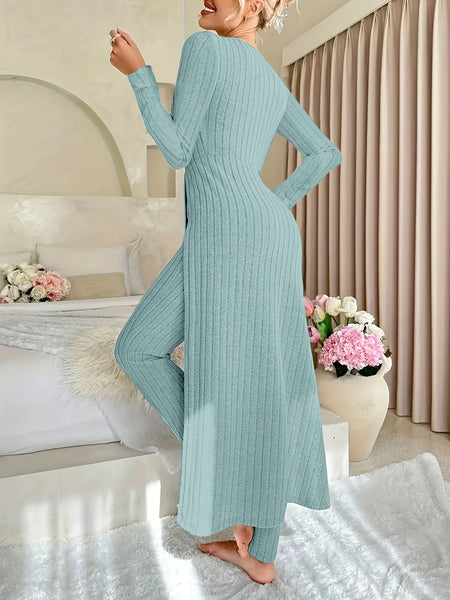 Design Sense Round Neck Slit Long Sleeve Base Top for Women; Two-piece Set with Trousers; Ribbed