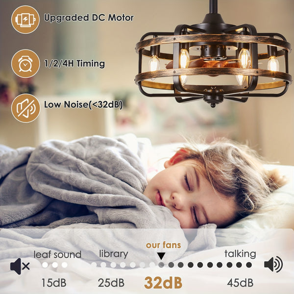 Caged Farmhouse Ceiling Fan with Light, 45.72cm Reversible 3 Wind Speed Industrial Ceiling Fan with 2 Down Rods, 1/2/4 Timing Quiet Flush Mount Rustic Ceiling Fan with Remote Control for Bedroom, Living Room, Dining Room, Kitchen