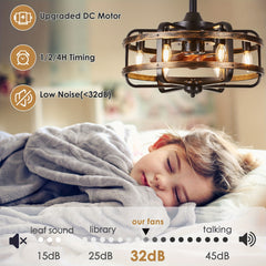Caged Farmhouse Ceiling Fan with Light, 45.72cm Reversible 3 Wind Speed Industrial Ceiling Fan with 2 Down Rods, 1/2/4 Timing Quiet Flush Mount Rustic Ceiling Fan with Remote Control for Bedroom, Living Room, Dining Room, Kitchen