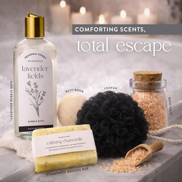Gift Set with Wine Tumbler, Candle, Silk Sleep Mask, Bath Salts in Glass, Bath Bomb, Essential Oil, Bubble Bath Soap, Loofa and Soap Bar - Eye Catching and Unique Spa Bath Gift Set