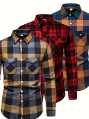 3 Men'S Plaid Shirt Top Lapel Long Sleeve Closure Men'S Casual Shirt Suitable for Men'S Daily Holiday Street Wear Casual Plaid Shirt Four Seasons Fashion Comfortable Fit Red, Blue And Black 3-Color Combination Pc Button Collar Chest Pocket