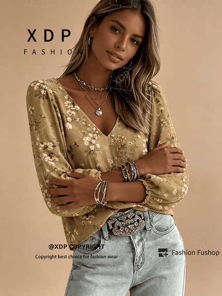 2D Flat Print Retro Western Style Shirt| V-neck Women's Long-sleeved Top with Colorful Small Floral Print, Bohemian Style Lantern Sleeve Design, Machine Washable, Suitable for Casual Attire and Vacations, 2D Flat