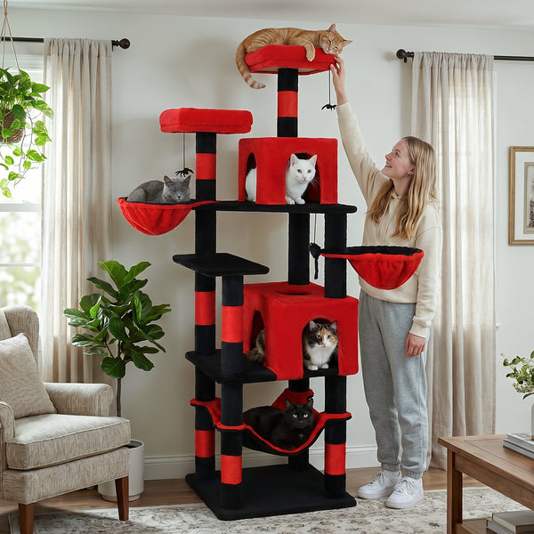 AMHANCIBLE 180cm Tall Cat Tree, Multi-Functional Cat Tower With Perches, Condos & Sisal Poles, Sturdy Wooden Cat Playground For Multi-Cat Households, Easy To Assemble