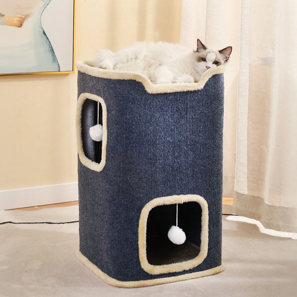 Large Cat Bed Cat House Cave & Tower Foldable Indoor 1/2/3 Layer with Hanging Toy Ball for Small Medium Pets, Large Cats Cube Bed Cave with Hideaway Condos