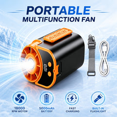 Portable Multi-functional Fan, Rapid Cooling 181.44g Ultra-lightweight Design, 18000 RPM High-speed Motor, 5000mAh Long-lasting Battery, Fast Charge Shock Dust Resistant, Flashlight, for Travel, Gym, Party, Working In High-temperature Environments