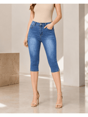 Women’s High Waisted Cropped Capri Jeans, Slim-Fit 3/4 Length Denim Trousers with Side Split Hem, Button Zip Casual Summer Jeans with Pockets