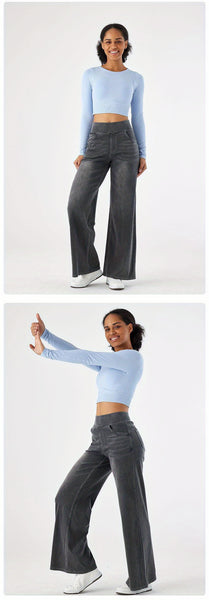 ' High Waisted Wide Jeans - Stretchy Pants with Multiple Pockets, -Washed - Casual Trousers for Jeanswear & Layering (Wide-Waisted Fit)