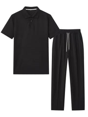 Men's Waffle Casual Suit Top Short Sleeve Turnover Collar Shirt Bottom Leisure Pants Comfortable and Clean Suitable for Spring and Summer Wear