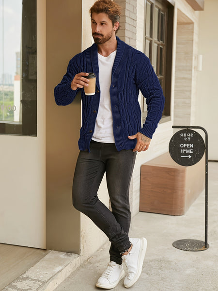 Men'S Solid Cable Knit Cardigan Fall Winter Button-Up Knit Coat