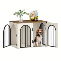 Dog Crate Furniture, 68cm Wooden Dog Crate, Indoor Kennel for Small Dogs, End Side Table Animal Crates, Anti-Chew, Anti-Escape, Arched Door Design, White Brown