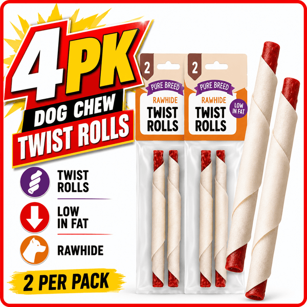 Pure Breed 4pk Long Lasting Dog Chew Twist Rolls | Low Fat Dental Dog Treat Sticks | Rawhide High Protein Dog Treats for Small & Medium Dogs | Natural Chew Snacks for Oral Health, Training & Rewards