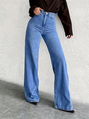 High-Waisted Mid-Blue Stretchy Denim Slightly Flared Pants That Enhance The Buttocks And Create a Effect in a European Style