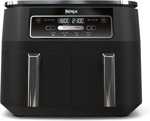 Ninja Foodi Dual Zone Digital Air Fryer, 2 Drawers, 7.6L, 6-In-1, Uses No Oil, Air Fry, Max Crisp, Roast, Bake, Reheat, Dehydrate, Cooks 4-6 Portions, Non-Stick, Dishwasher Safe Baskets, Black AF300UK