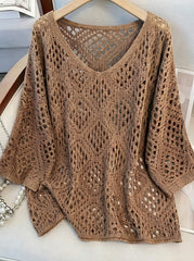 Plus Size - Plus Size - Plus Size Women'S Cashew Flower Loose Temperament Hollow Round Neck Pullover Long Sleeve Sweater