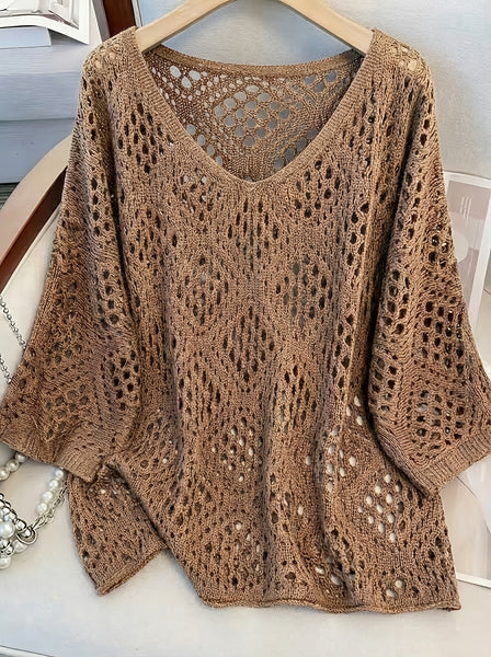 Plus Size - Plus Size - Plus Size Women'S Cashew Flower Loose Temperament Hollow Round Neck Pullover Long Sleeve Sweater