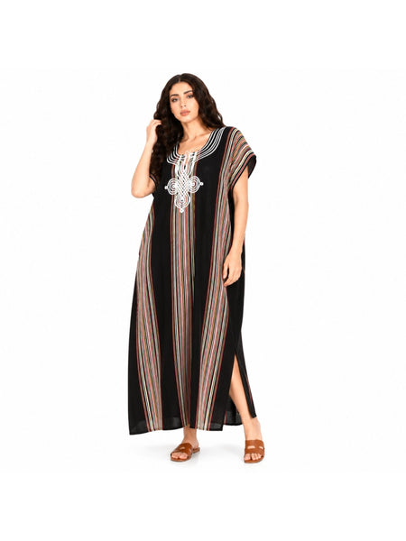 Women Boho Kaftan Dress Long Embroidered Beach Cover Up Lightweight Summer Kaftan Maxi Dress Loose Fit Swimwear Cover Up Holiday Beachwear Gandouri